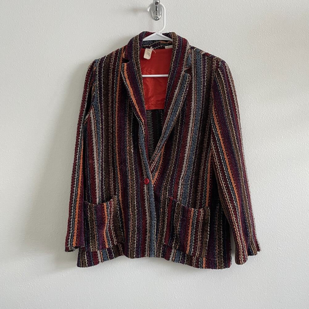 Vintage 70s Blazer Women's L Multicolor Yarn One Button Boho Hippie Striped